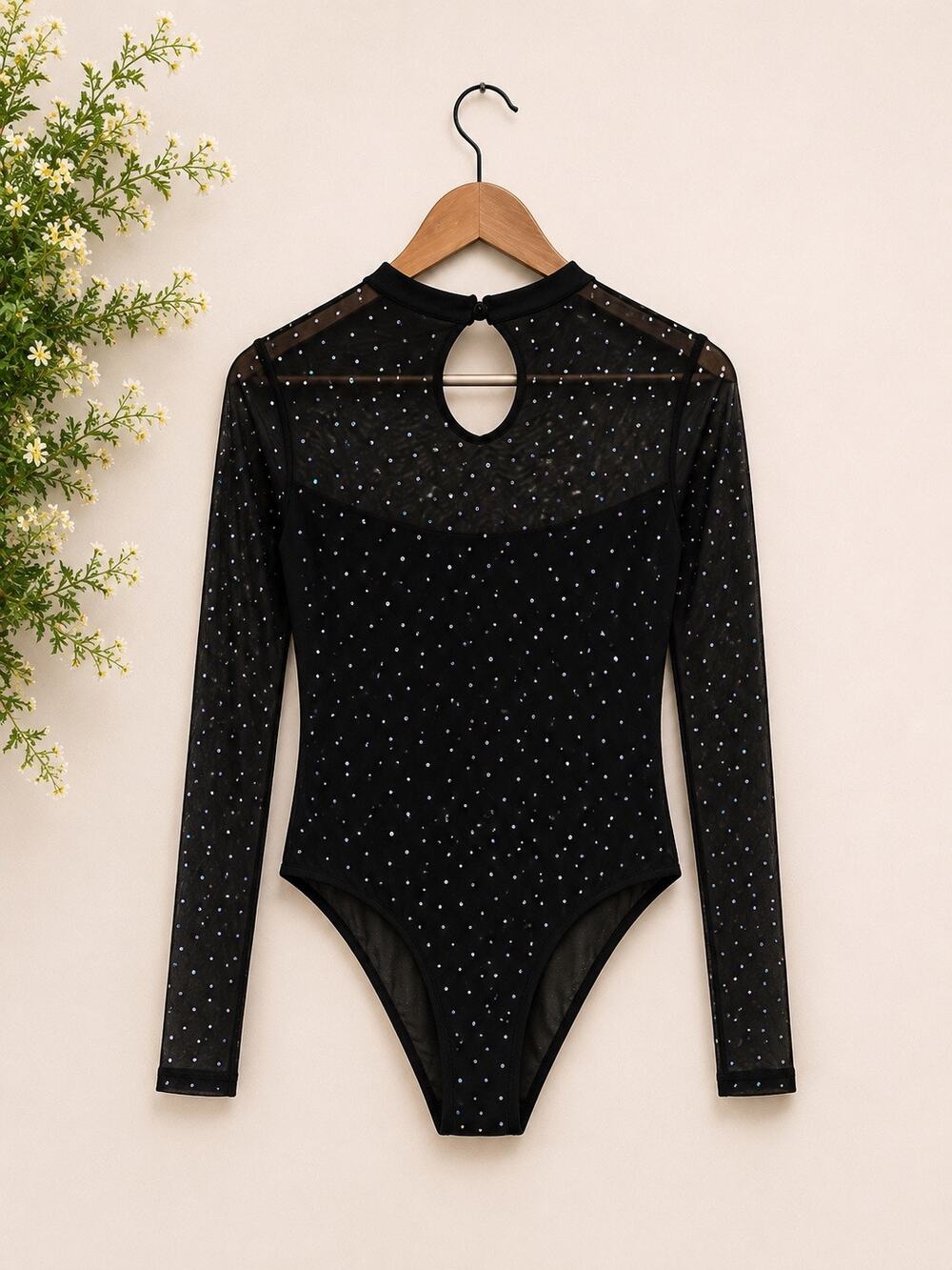 NWOT Black Rhinestone Mesh Bodysuit Long Sleeve Mock Neck Sheer Festival Top